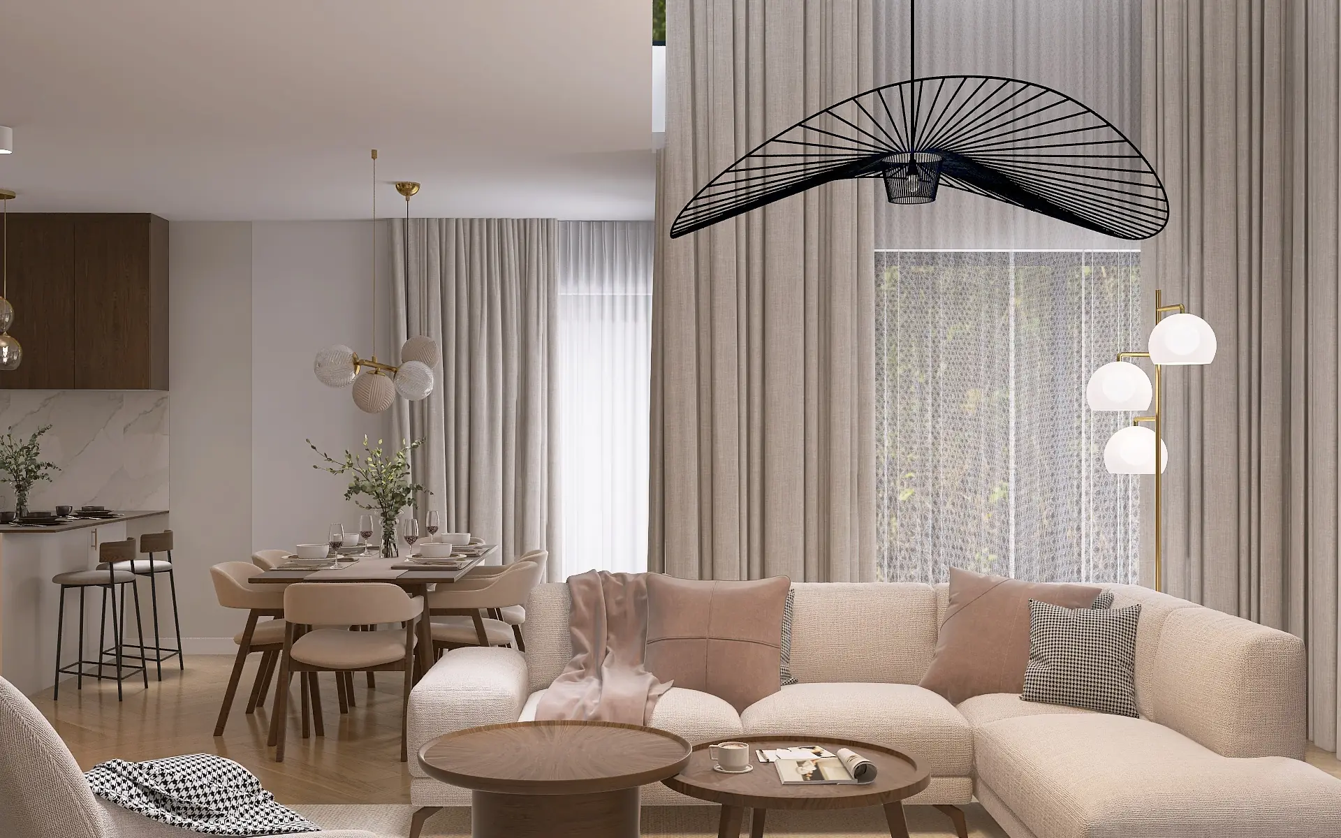 Wizualizacja salonu z antresolą w ciepłych beżach: narożna sofa, lampa Vertigo i zasłony od samego sufitu