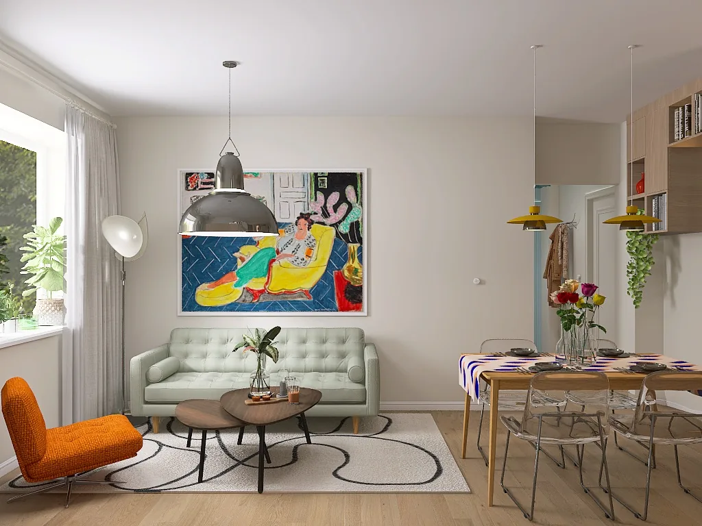 Kolorowy salon z jadalnią: miętowa sofa, pomarańczowy fotel, duży obraz i żółte lampy nad stołem